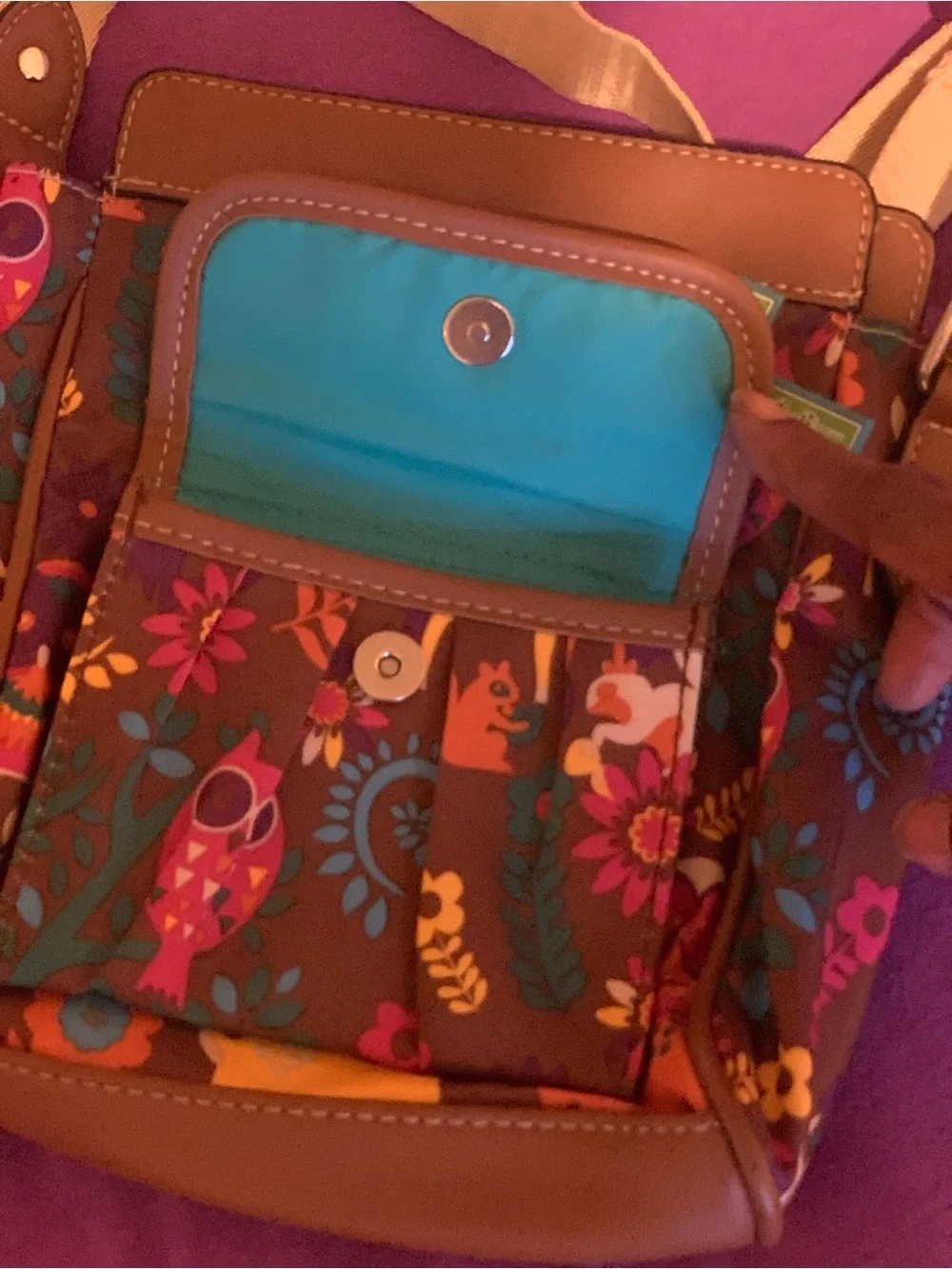 Lily Bloom Brown Owl/ Forest Print Multicolor Crossbody Bag with Cream Strap